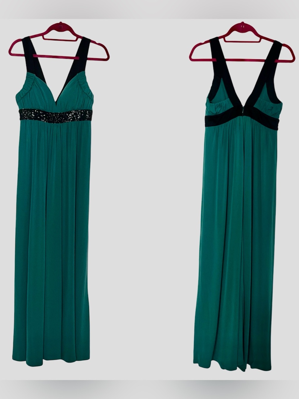 BCBG Paris Teal Maxi Dress Plunge V-Neck Formal Sequence Prom Gown 4